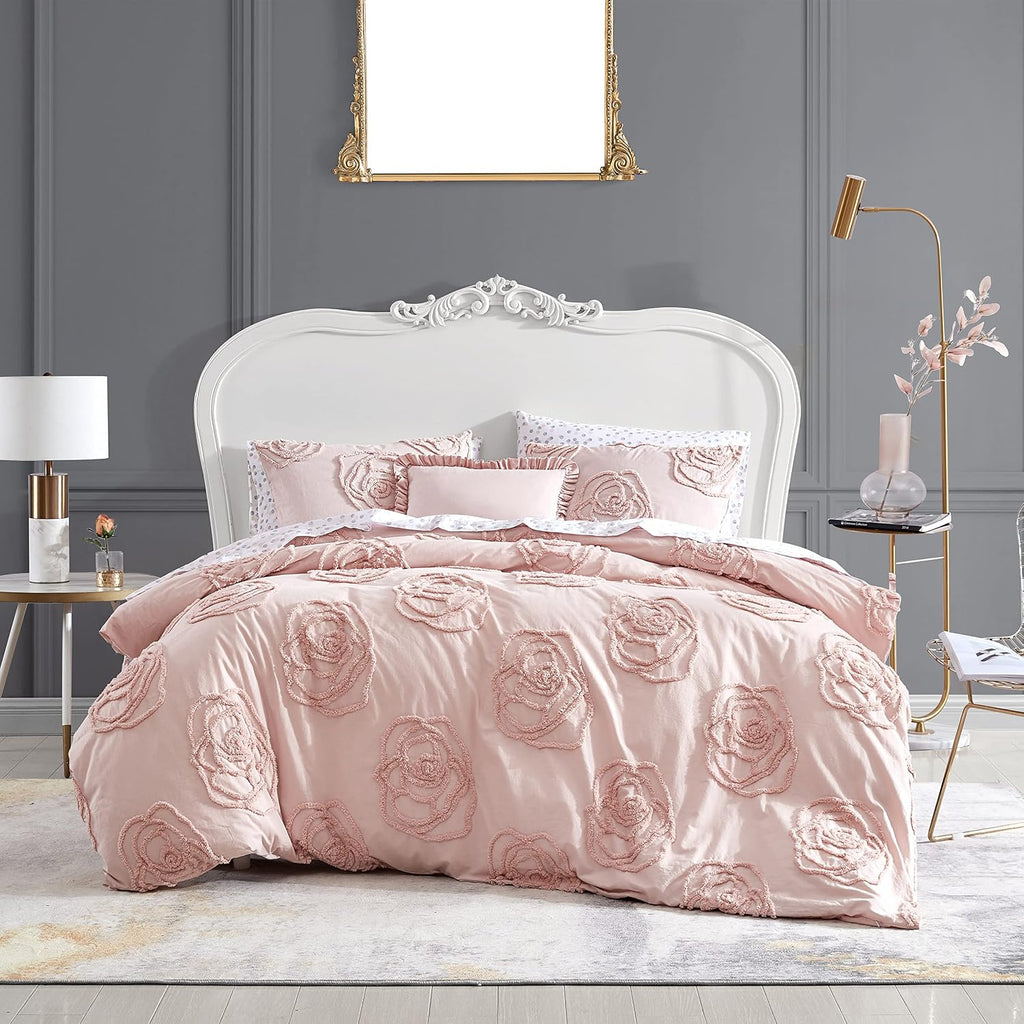 Betsey Johnson - King Duvet Cover Set, Reversible Cotton Bedding with Matching Shams & Bonus Throw Pillow, Chic Bedding Set (Rambling Roses Pink, King)