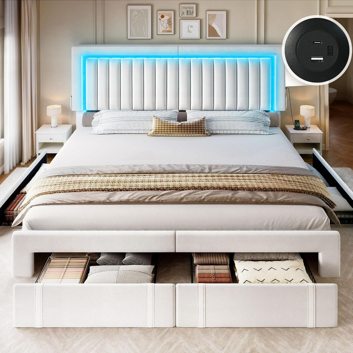 YITAHOME King Size Bed Frame with Adjustable Headboard, 4 Storage Drawers and RGB LED Lights, Velvet Upholstered Platform Bed with USB Ports, No Box Spring Needed, Fast Assembly, Noise-Free, White