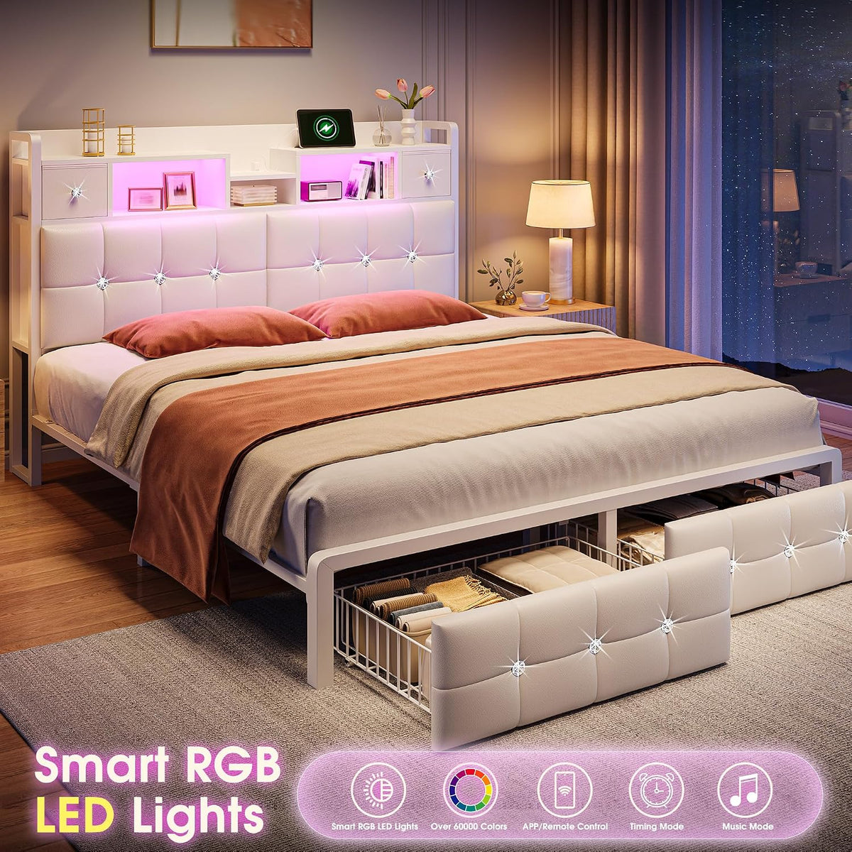 Homkdom Full Size Bed Frame with Hidden Storage - 4 Drawers,Diamond-Tufted Upholstered Headboard,LED Lights & Charging Station,1100 LBS Heavy Duty,No Box Spring Needed,Modern,White