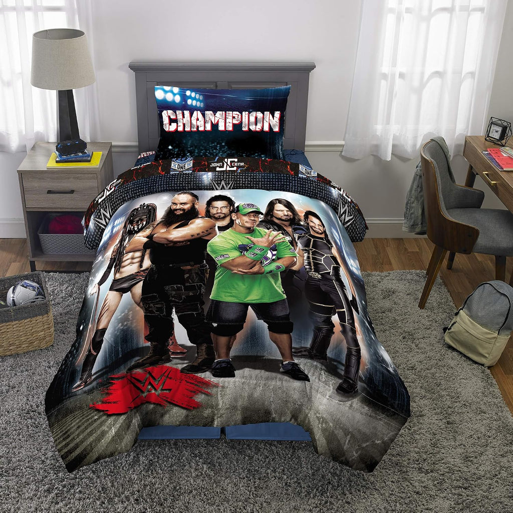 WWE Kids Bedding Comforter and Sheet Set, 4 Piece Twin Size, by WWE, Black/Multicolor