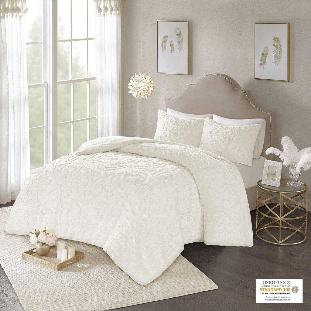 Madison Park Laetitia Comforter Bohemian Tufted Cotton Chenille, Medallion Shabby Chic All Season Down Alternative Bed Set with Matching Shams, Floral Off White Full/Queen(90'x90') 3 Piece
