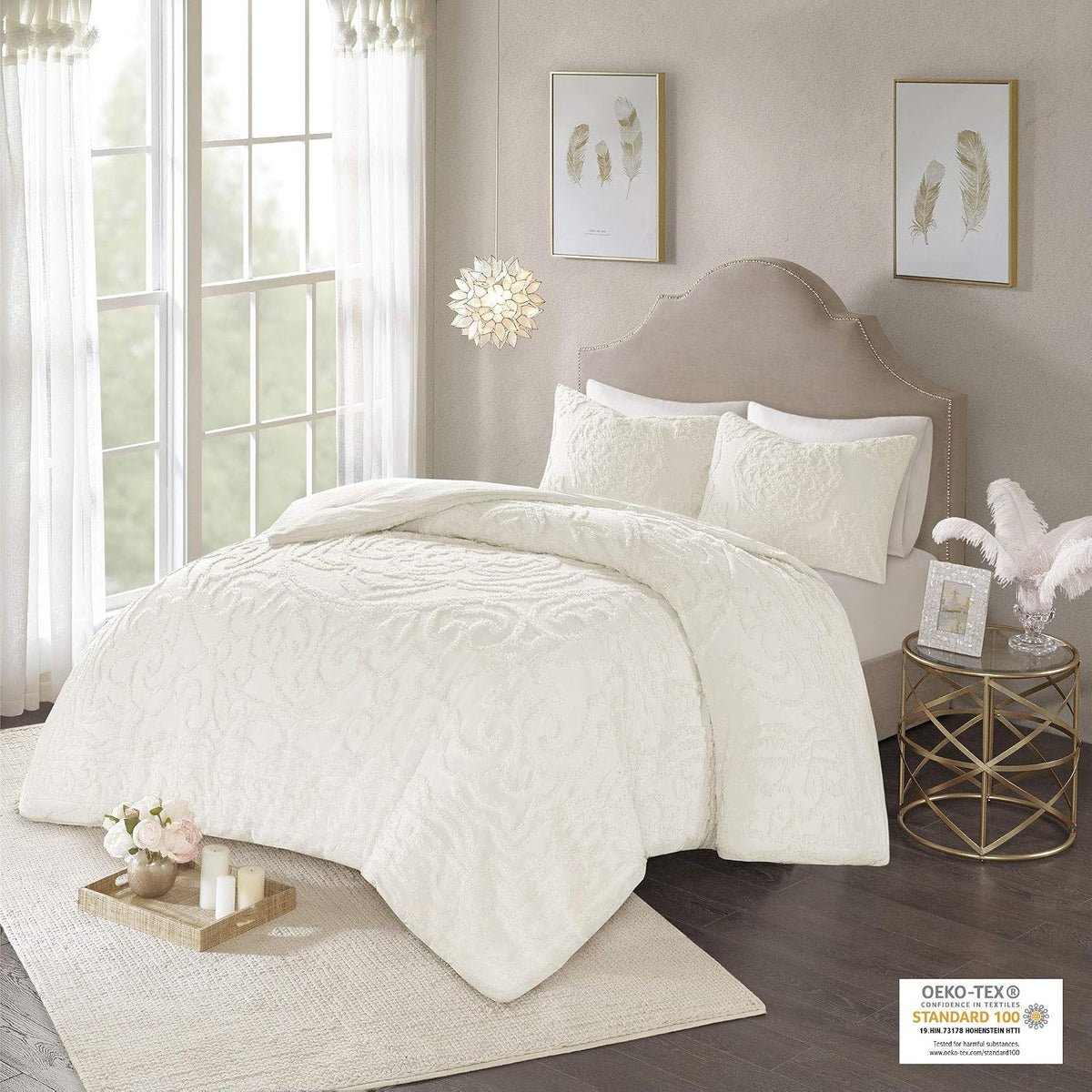 Madison Park Laetitia Comforter Bohemian Tufted Cotton Chenille, Medallion Shabby Chic All Season Down Alternative Bed Set with Matching Shams, Floral Off White Full/Queen(90'x90') 3 Piece