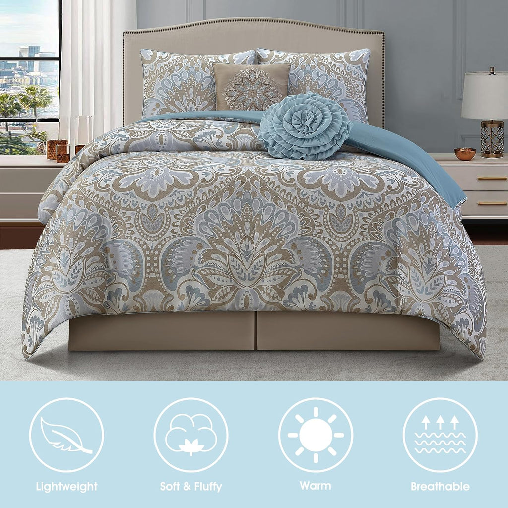 LANCO MODERN LIFESTYLE Blue Gold 6 Piece Comforter Set, Queen, Elegant Floral Jacquard, Ultra Soft Bed Set for All Seasons, Bed in a Bag, Include Comforter, Bed Skirt, Pillow Shams & Decor Pillows