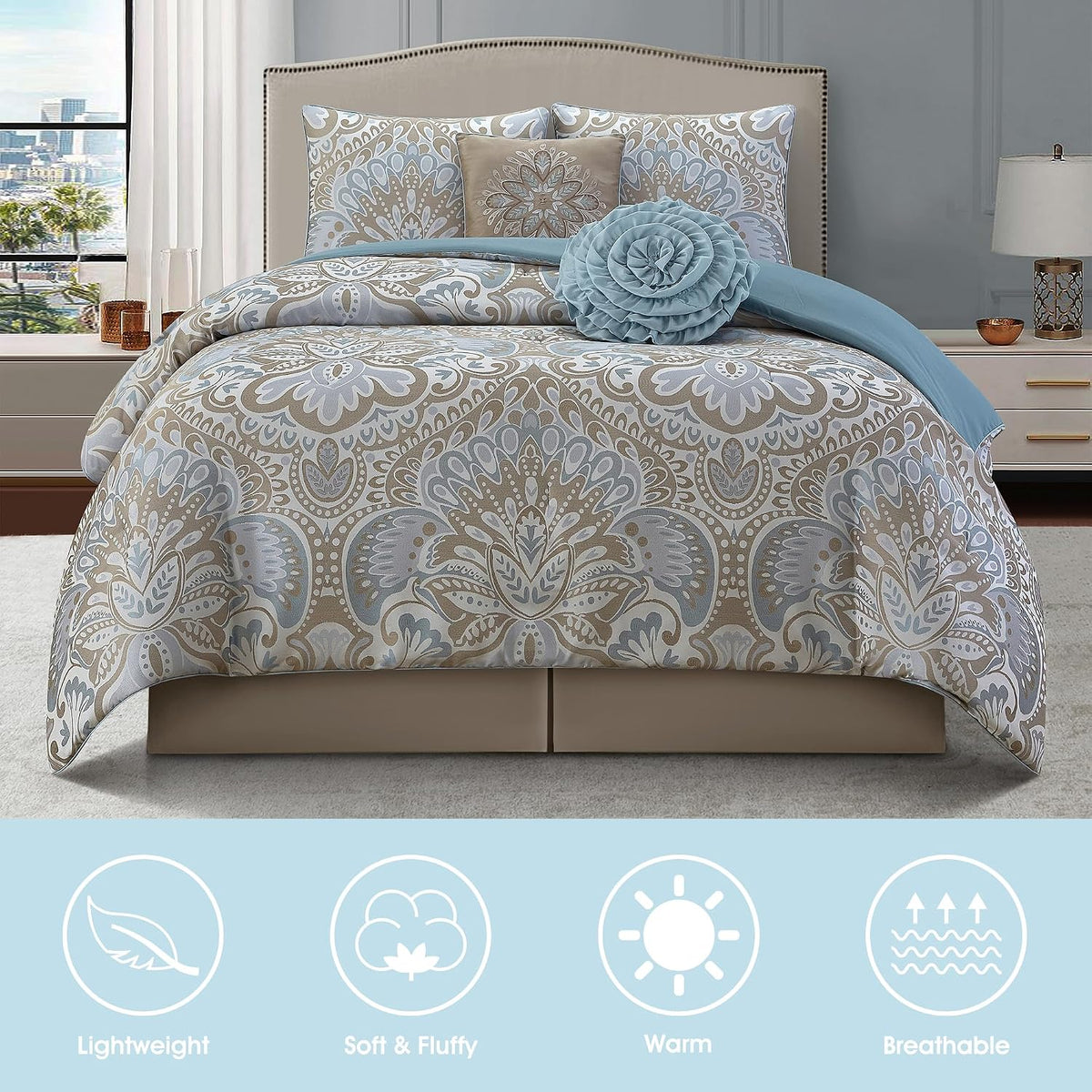 LANCO MODERN LIFESTYLE Blue Gold 6 Piece Comforter Set, Queen, Elegant Floral Jacquard, Ultra Soft Bed Set for All Seasons, Bed in a Bag, Include Comforter, Bed Skirt, Pillow Shams & Decor Pillows