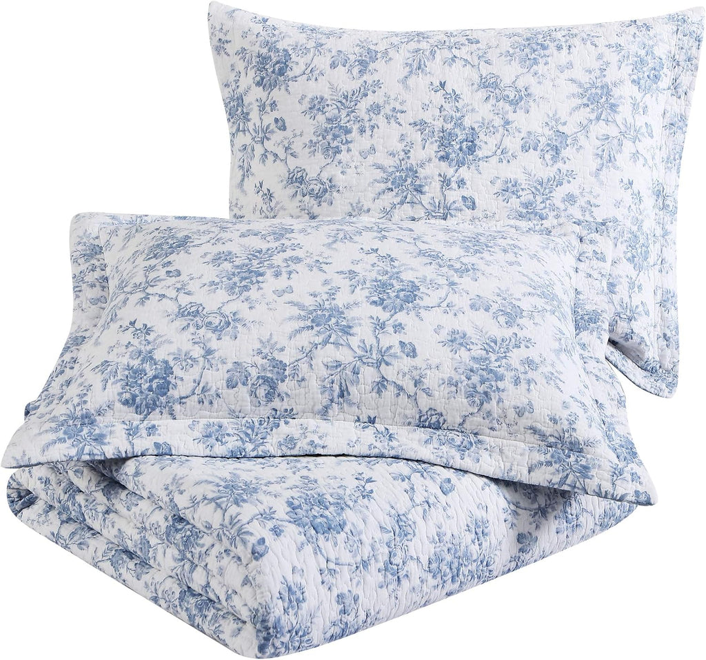 Laura Ashley - King Quilt Set, Soft & Reversible Cotton Floral Bedding with a Medium Weight Feel, 3 Piece Bed Set with Matching Pillowcases (Walled Garden Blue)