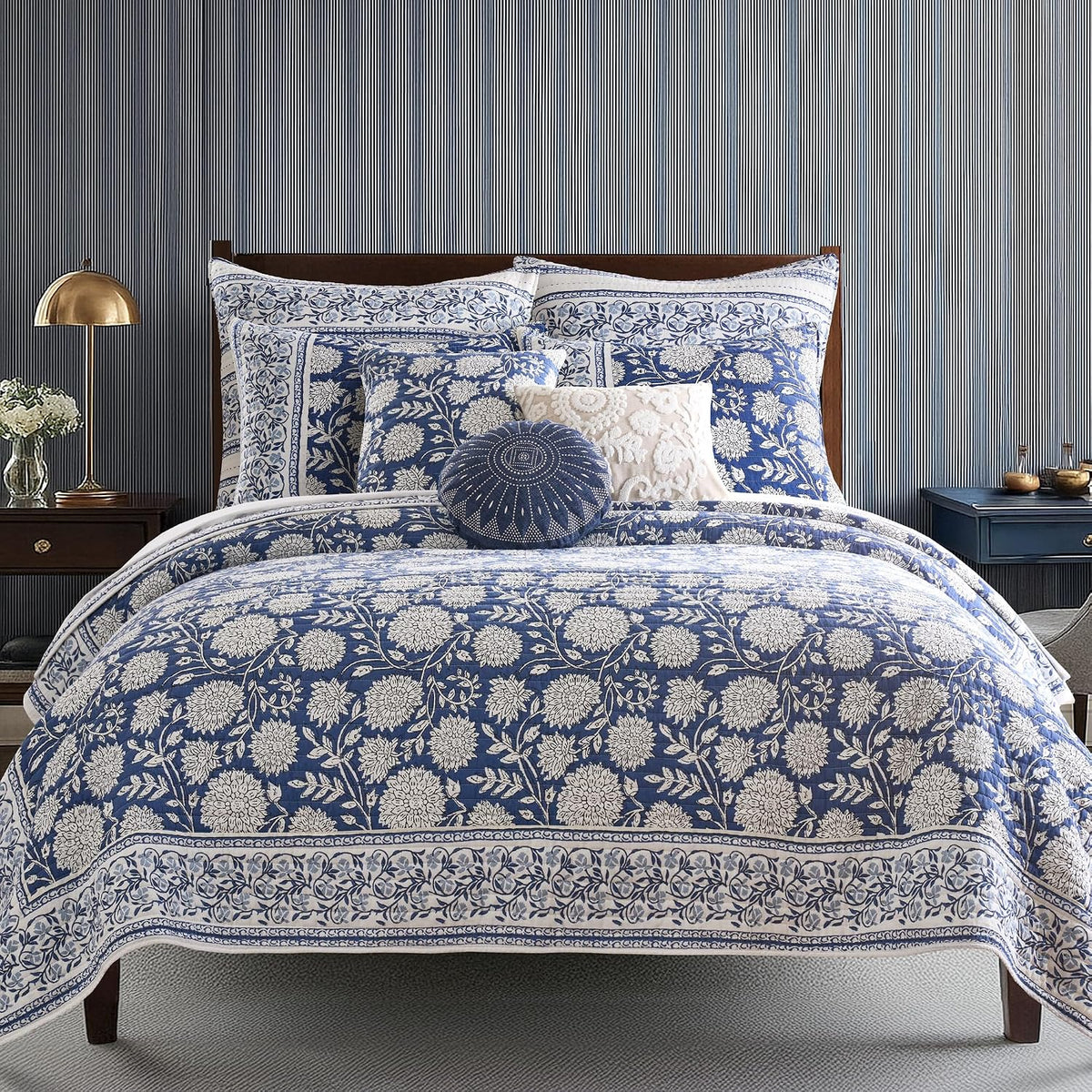 Levtex Home Adare Denim Reversible Twin/Twin XL Quilt Set (68x86in) with 1 Pillow Sham (26x20in) - Floral Bedding - Blue White - Cotton Twin Size Quilt Bedding Set - Lightweight, Soft, Pre-Washed