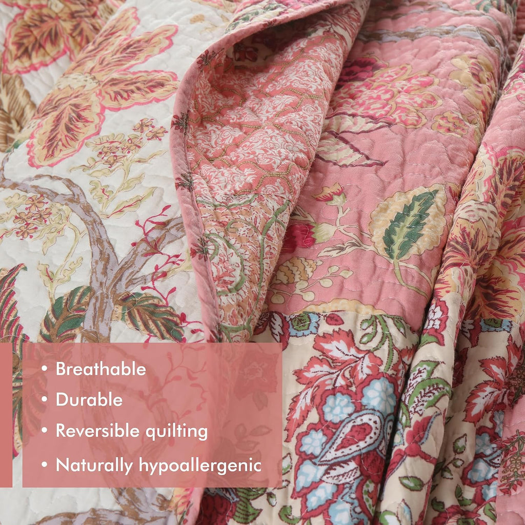 Etwel 100% Cotton Patchwork King Size Quilt Set - Lightweight Breathable Reversible Bedspread for Hot Sleepers, Farmhouse Floral Bedding Set with 2 Pillow Shams for All Season (106'x94', Pink Floral)