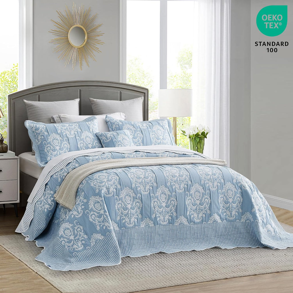 HZ & HY Oversized King Bedspread 128x120 Extra Wide, Jacquard Matelasse Damask Pattern Design, Lightweight, Reversible, 5 Piece, 100% Microfiber, Wathet Blue