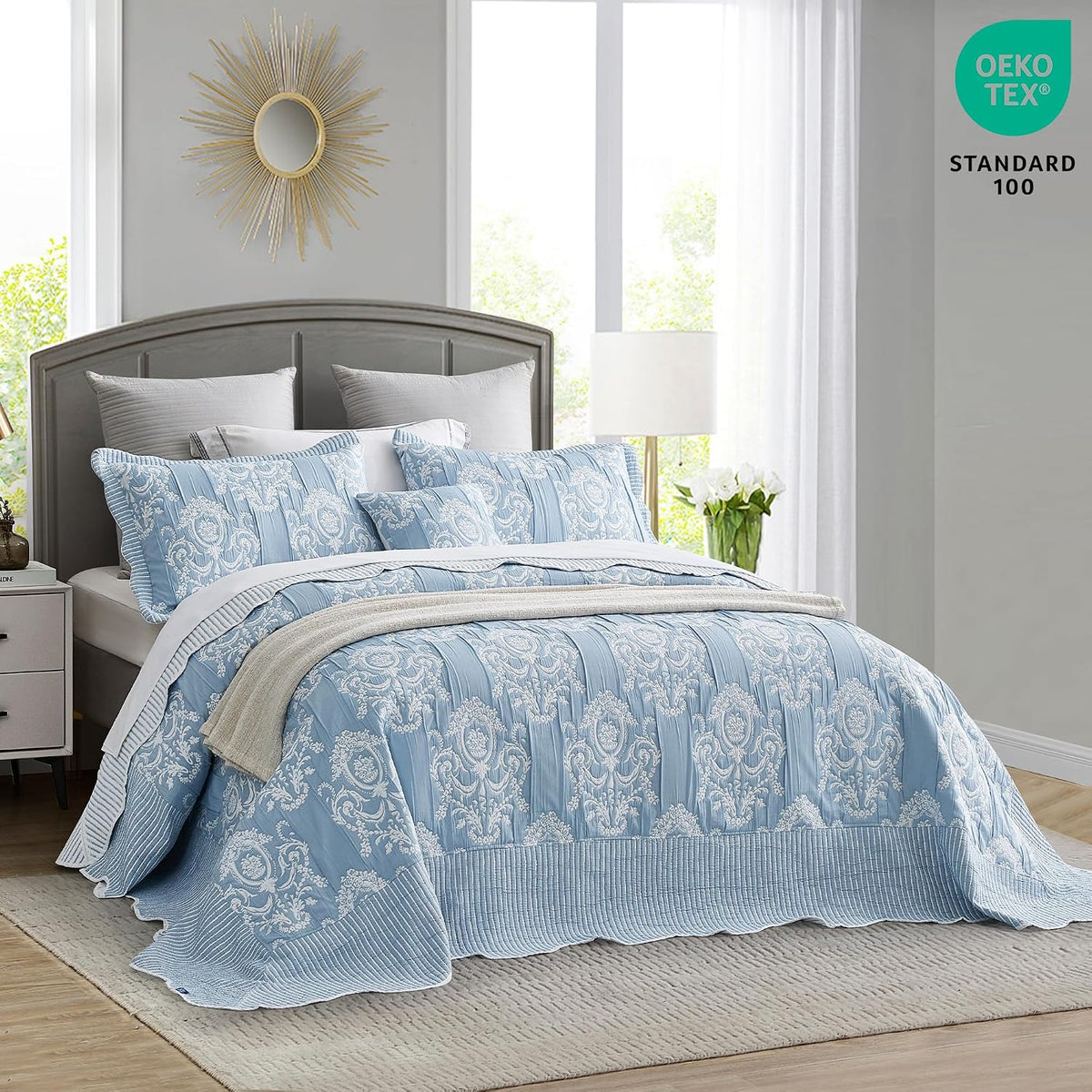 HZ & HY Oversized King Bedspread 138x122 Extra Wide, Jacquard Matelasse Damask Pattern Design, Lightweight, Reversible, 5 Piece, 100% Microfiber, California/Alaskan King, Wathet Blue