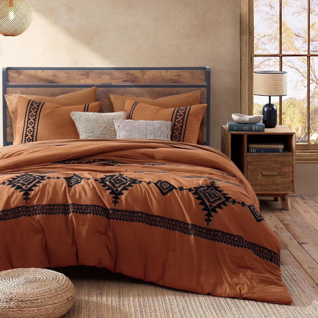 MaiRêve Embroidery Oversized King Size Comforter Set Burnt Orange, Boho Farmhouse Western Bedding Set 7 Pieces, All Season Bed in A Bag Comforter Set with Sheets, Pillowcases & Shams