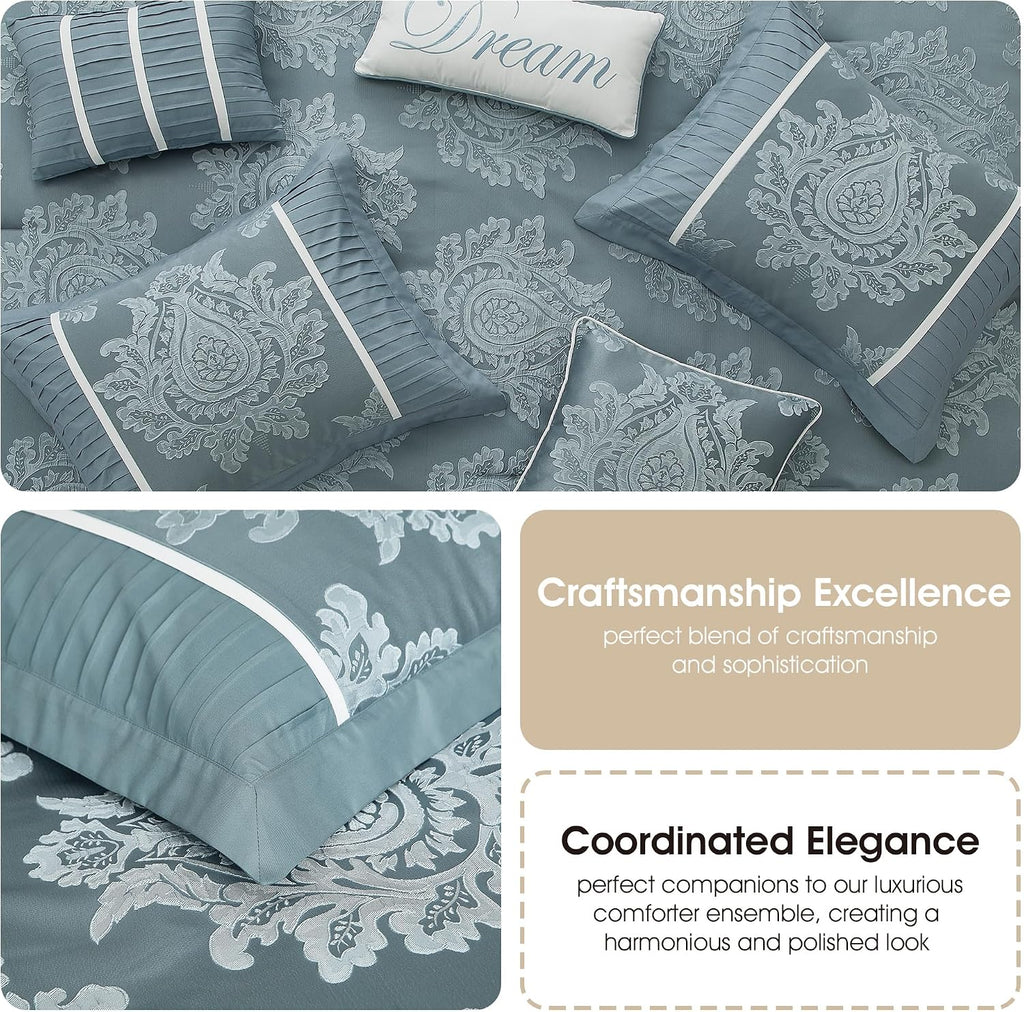 Grand Avenue Blue Damask Patchwork King Size Comforter Set, 7 Piece, Jacquard with Matching Solid Piecework Bedding Set, All Season, Bedskirt, Pillows & Shams