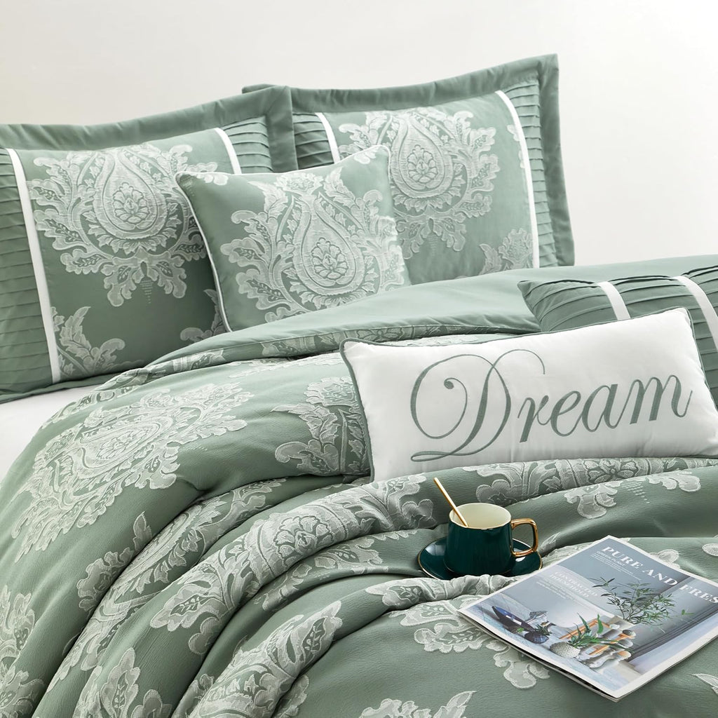 Grand Avenue Sage 7PC Comforter Set Queen Size, Jacquard with Matching Solid Piecework Bedding Set, All Season, Bedskirt, Pillows & Shams