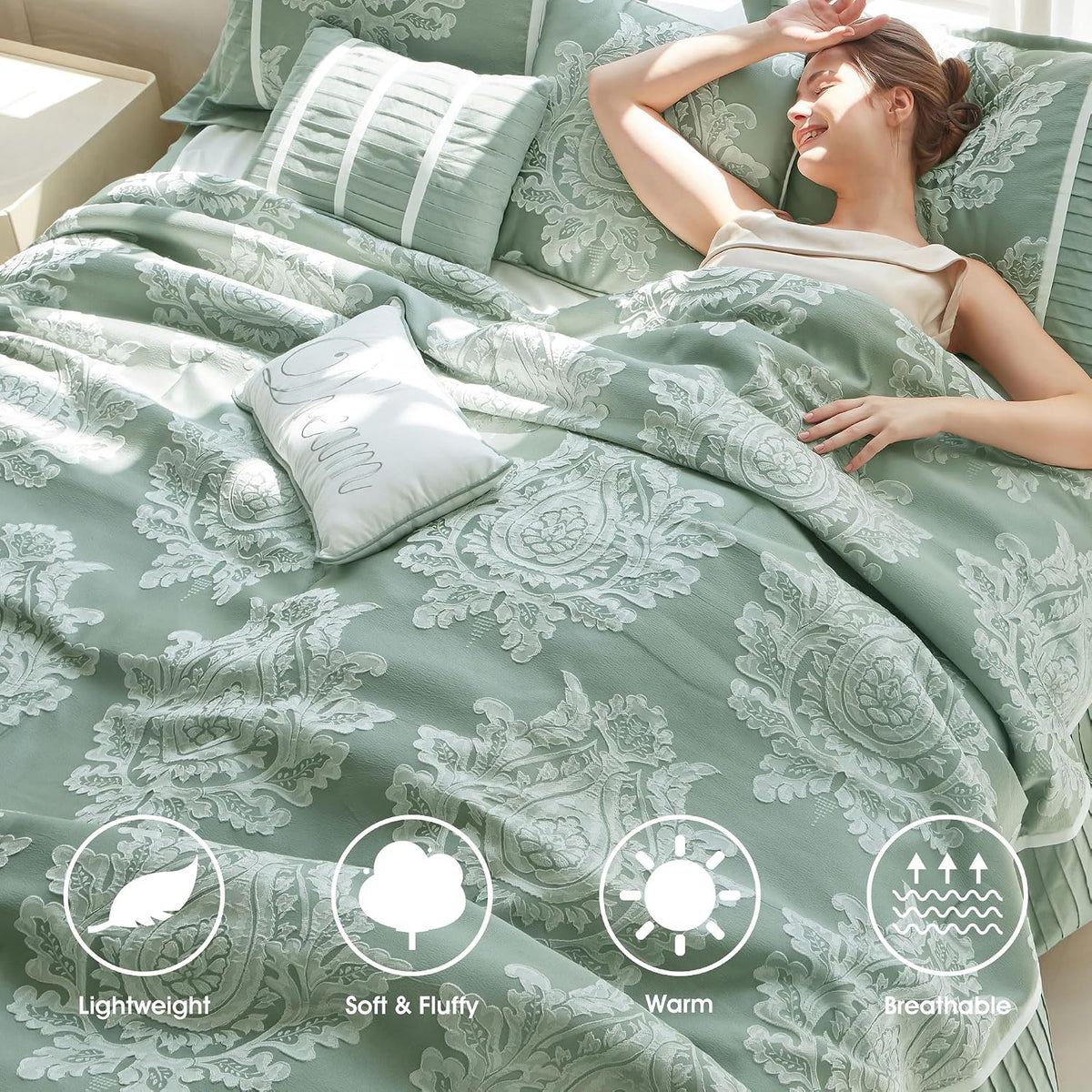 LANCO MODERN LIFESTYLE Sage California King Comforter Set 7 Pieces, Jacquard Woven with Damask, Bedding Set in a Bag Includes Comforter, Bed Skirt, Pillow Shams, and Decorative Pillows