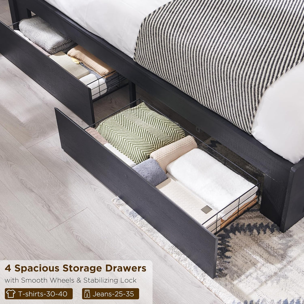 ACCOHOHO Modern King Size Bed Frame with 4 Drawers, 51' Tall Arched Recessed Headboard, Solid Wood Slats Support, Noise Free, No Box Spring Needed, Wood Platform, （Black）