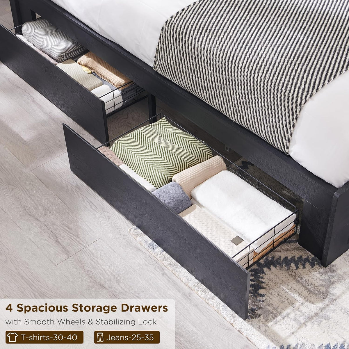 ACCOHOHO Modern King Size Bed Frame with 4 Drawers, 51' Tall Arched Recessed Headboard, Solid Wood Slats Support, Noise Free, No Box Spring Needed, Wood Platform, （Black）