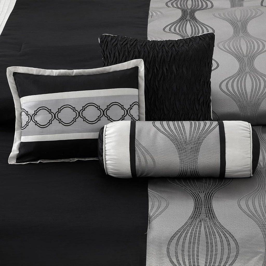 LANCO MODERN LIFESTYLE King Comforter Set, Black Silver, 15 Pieces Room in a Bag, Ultra Soft Jacquard with Patchwork, Luxury Bed Set with Sheets, Curtains, Bed Skirt, Pillow Shams, Cases and Pillows