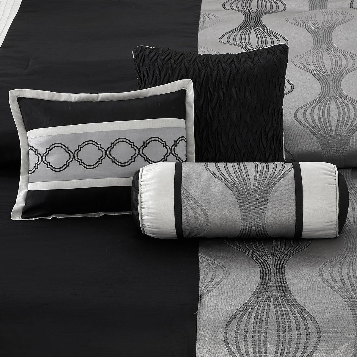 LANCO MODERN LIFESTYLE California King Comforter Set, Black Silver, 15 Pieces Room in a Bag, Jacquard with Patchwork, Luxury Bed Set with Sheets, Curtains, Bed Skirt, Pillow Shams, Cases and Pillows