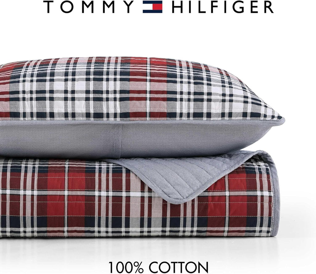 Tommy Hilfiger - Queen Quilt Set, Soft Cotton w/Breathable Feel, Lightweight Bedding for Year Round Comfort, 3 Piece Bed Set w/Matching Pillowcases (Collegiate Tartan Blue)