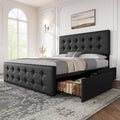 GarveeHome Full Size Bed Frame with 4 Storage Drawers and Headboard, Faux Leather Upholstered Platform Bed Frame with Wooden Slats Support, Button Tufted Design, No Box Spring Needed, Black