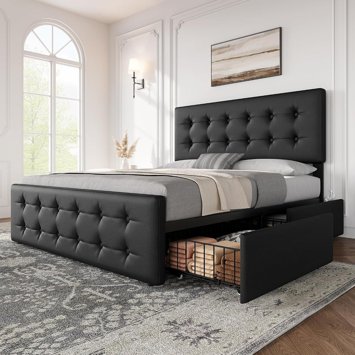 GarveeHome Full Size Bed Frame with 4 Storage Drawers and Headboard, Faux Leather Upholstered Platform Bed Frame with Wooden Slats Support, Button Tufted Design, No Box Spring Needed, Black
