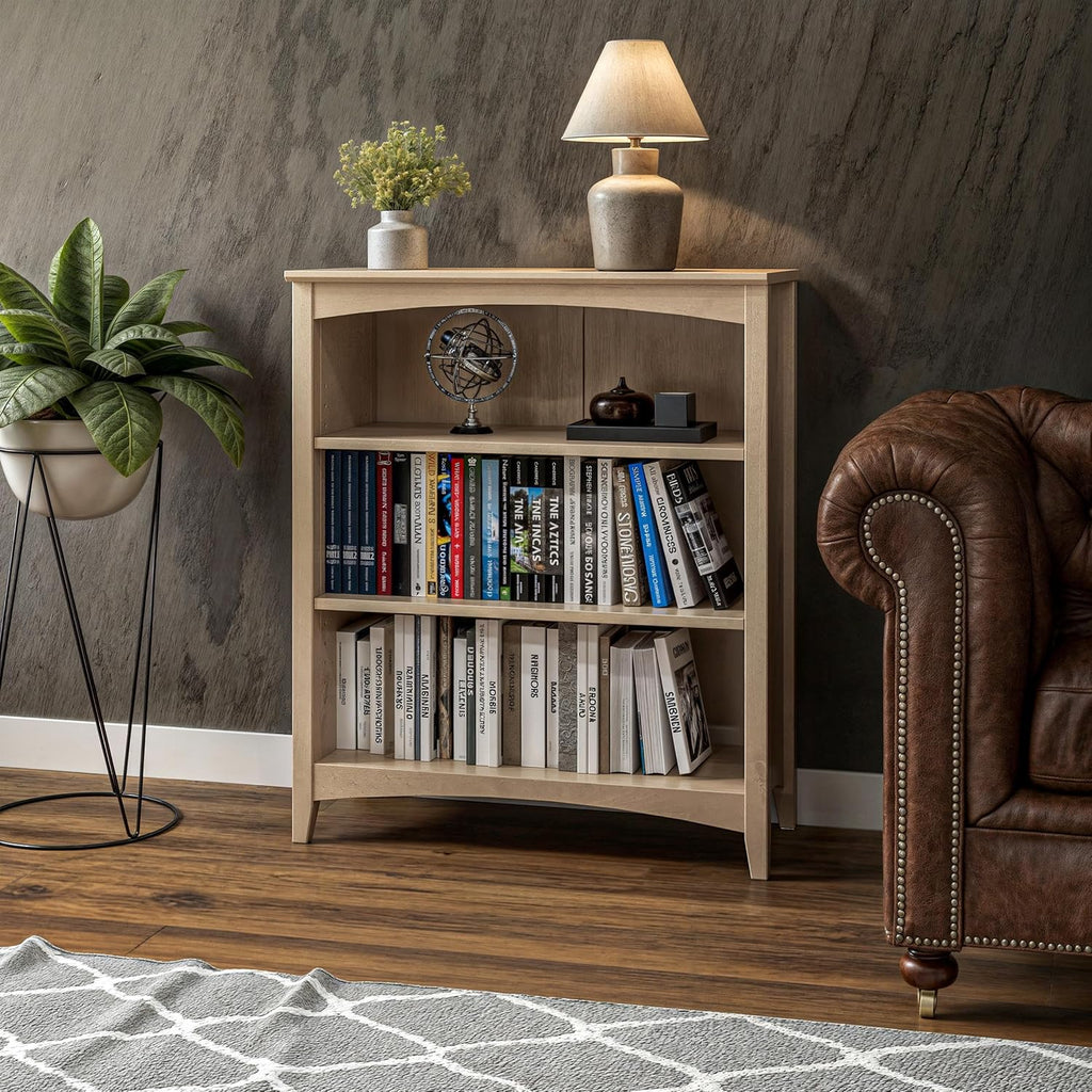 Camaflexi Shaker Style 3 Shelf Bookcase/Solid Wood / 36' High/Adjustable Shelving/Closed Back/Display Bookshelf for Living Room, Bedroom, Home and Office, Light Oak