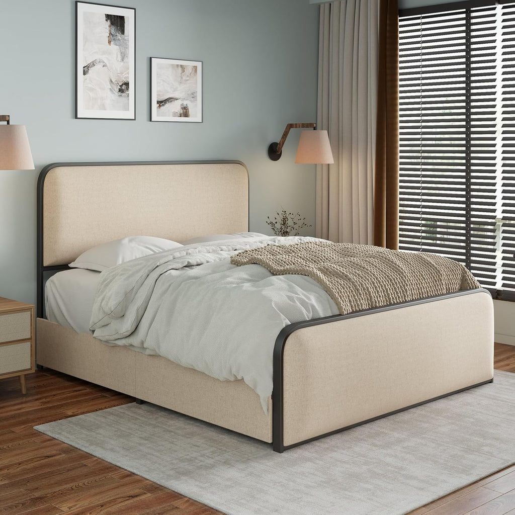 Merax Queen Size Metal Bed Frame with Curved Upholstered Headboard and Footboard, Modern Platfrom Bed & 4 Storage Drawers Under Bed, No Box Spring Needed, Easy Assembly, Beige
