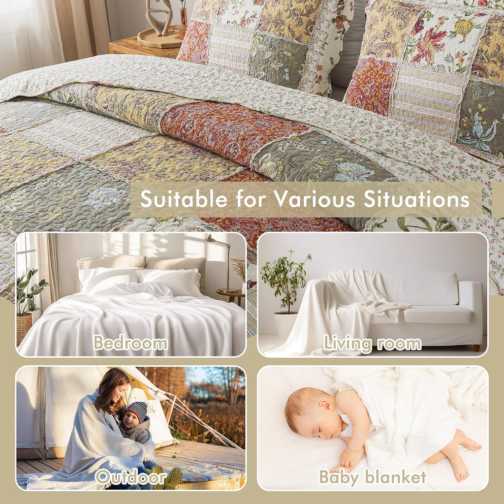 Etwel 100% Cotton Patchwork King Size Quilt Set - Lightweight Breathable Reversible Bedspread for Hot Sleepers, Farmhouse Floral Bedding Set with 2 Pillow Shams for All Season (106'x94', Beige Floral)