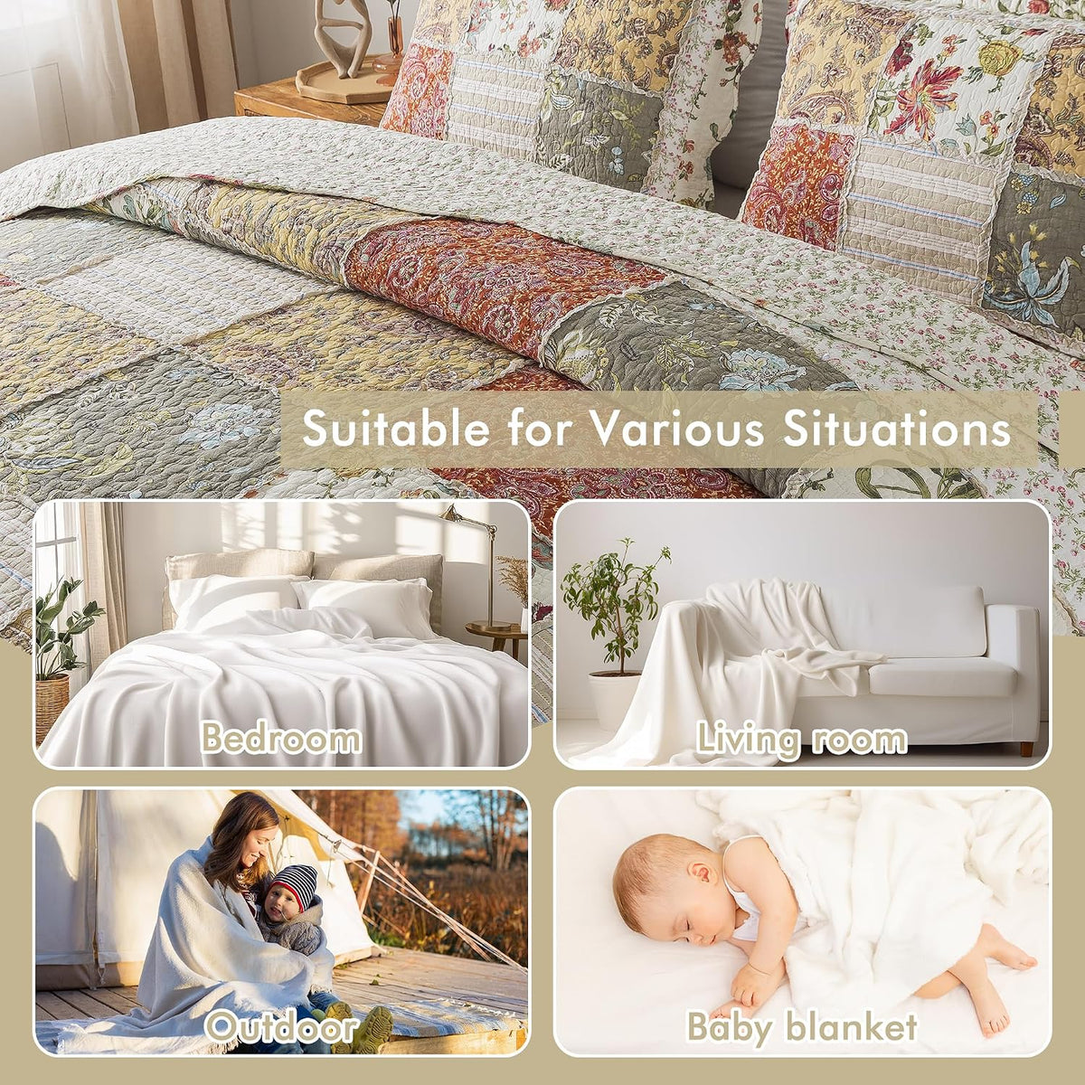 Etwel 100% Cotton Patchwork King Size Quilt Set - Lightweight Breathable Reversible Bedspread for Hot Sleepers, Farmhouse Floral Bedding Set with 2 Pillow Shams for All Season (106'x94', Beige Floral)