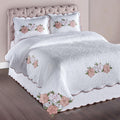 Lovington Floral Luxury Matelasse Bedding | Rose Pink and White Velvet Flower Embroidery Applique | 4-Pc Textured Scrollwork Lightweight Bed Set: Oversized Queen Coverlet, Bedskirt, & 2 Standard Shams