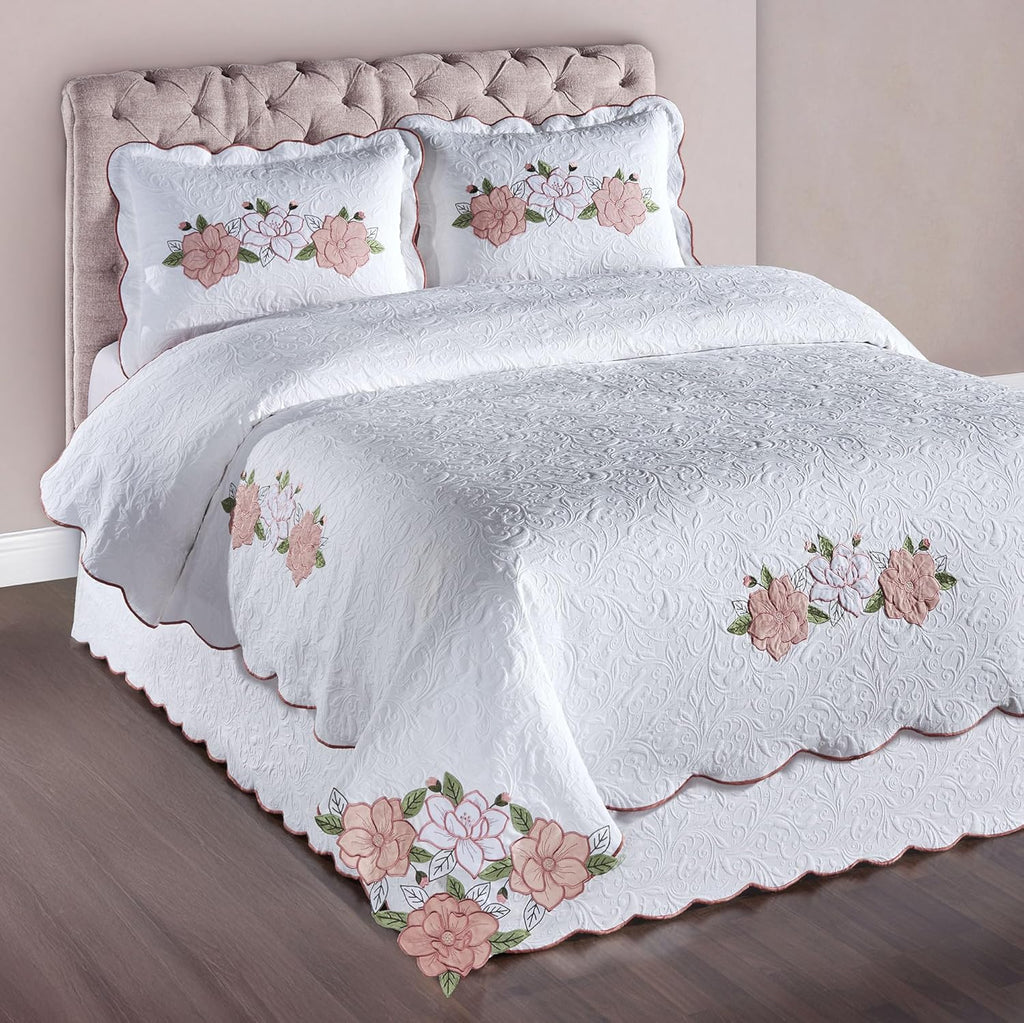 Lovington Floral Luxury Matelasse Bedding | Rose Pink and White Velvet Flower Embroidery Appliques | 4-Pc Textured Scrollwork Lightweight Bed Set with Oversized King Coverlet, Bedskirt, & 2 King Shams