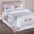 Lovington Floral Luxury Matelasse Bedding | Rose Pink and White Velvet Flower Embroidery Appliques | 4-Pc Textured Scrollwork Lightweight Bed Set with Oversized King Coverlet, Bedskirt, & 2 King Shams