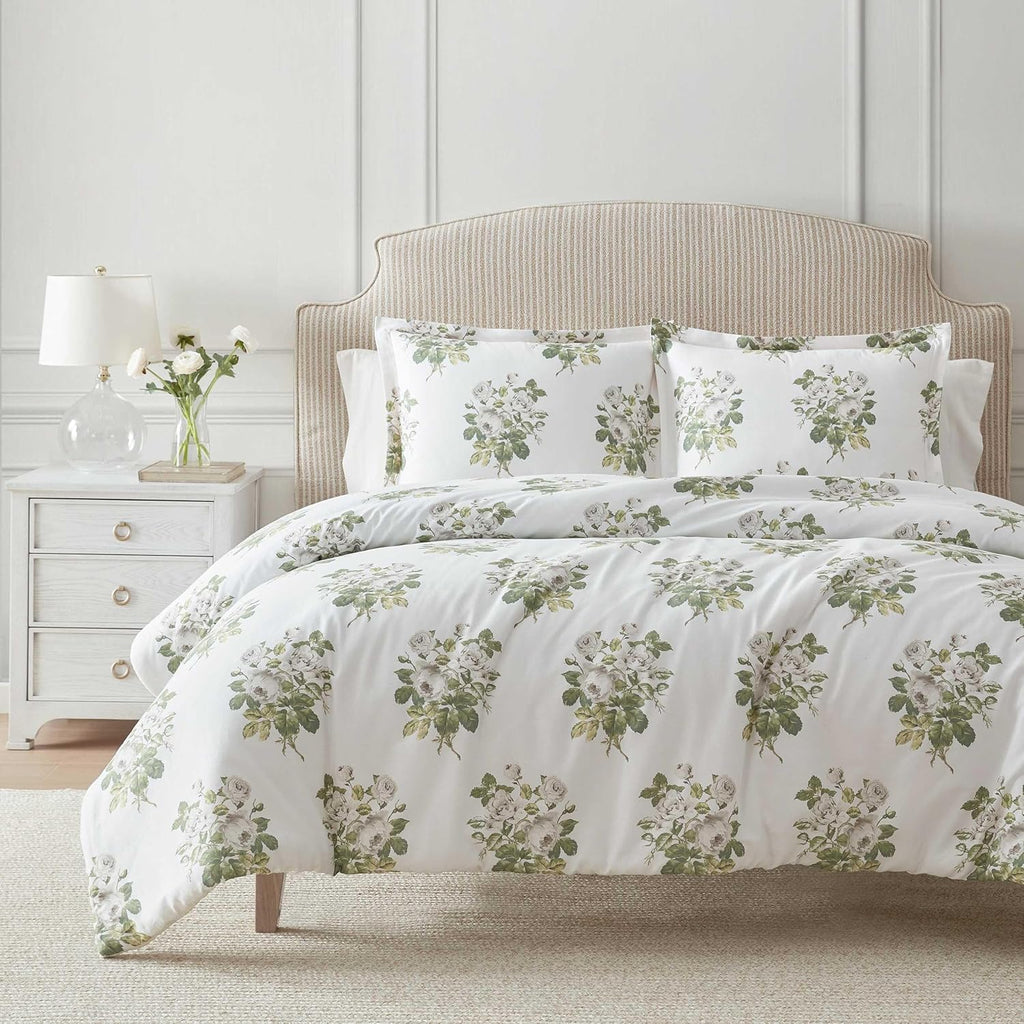 Martha Stewart - Queen Comforter Set, Smooth Sateen Front with Subtle Sheen & Lightweight Cotton Percale Reverse, 3 Piece Bed Set with Matching Pillowcases (Eloise Floral Grey)