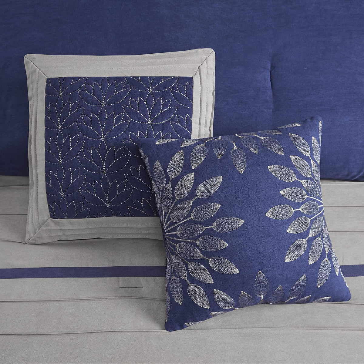 Madison Park Palmer Comforter Set-Luxury Faux Suede Design, Striped Accent, All Season Down Alternative Bedding, Matching Shams, Decorative Pillow, Bed Skirt, King (104 in x 92 in), Blue 7 Piece