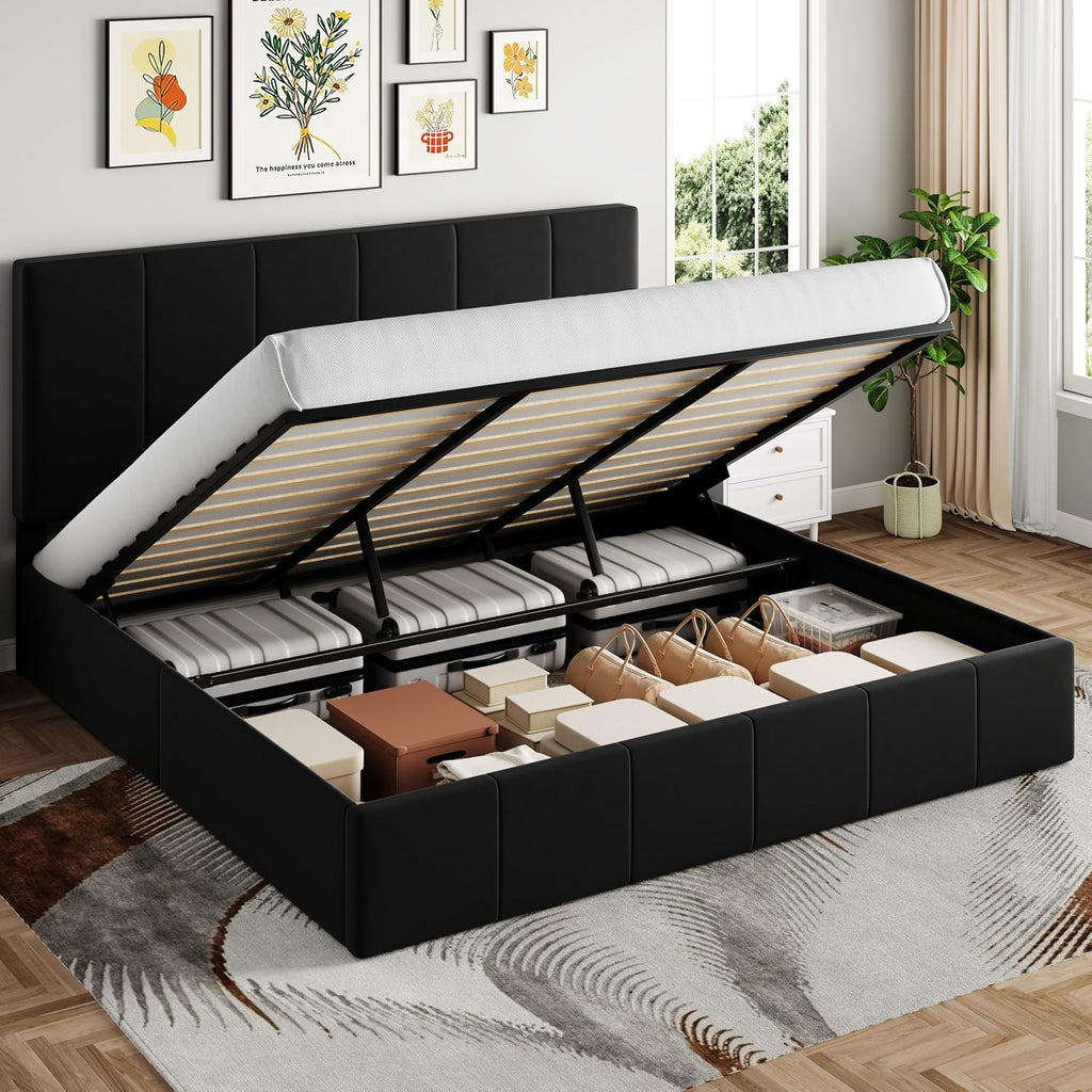 SHA CERLIN King Size Lift Up Storage Bed Frame, Adjustable Headboard, Hydraulic Support, Velvet Upholstered, Easy Installation, No Box Spring Needed, Black