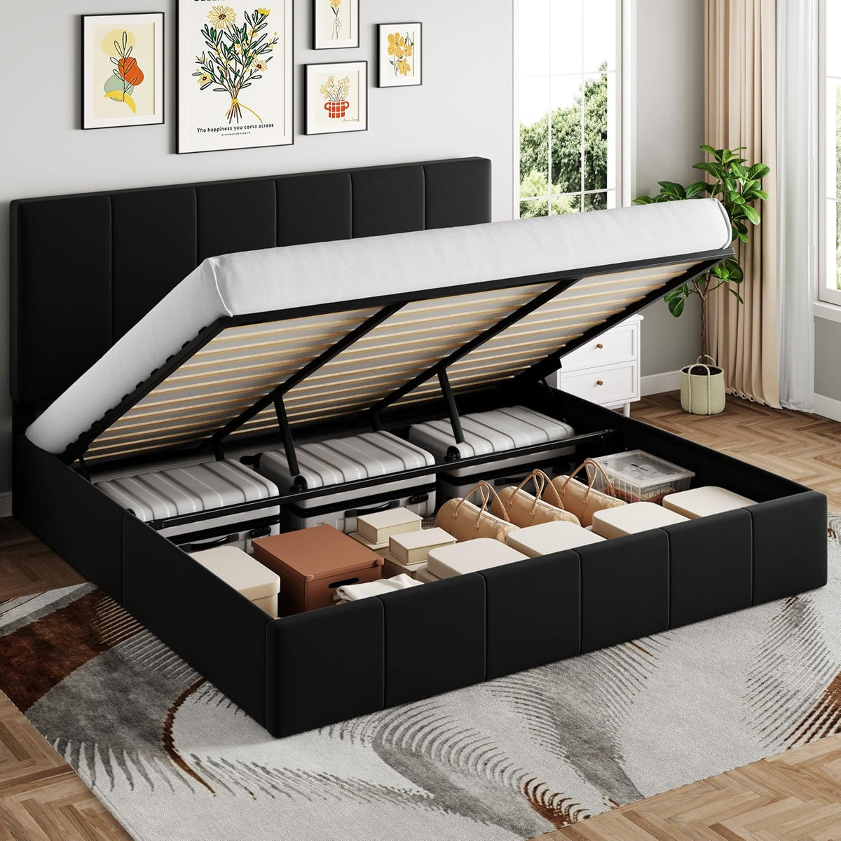 SHA CERLIN King Size Lift Up Storage Bed Frame, Adjustable Headboard, Hydraulic Support, Velvet Upholstered, Easy Installation, No Box Spring Needed, Black