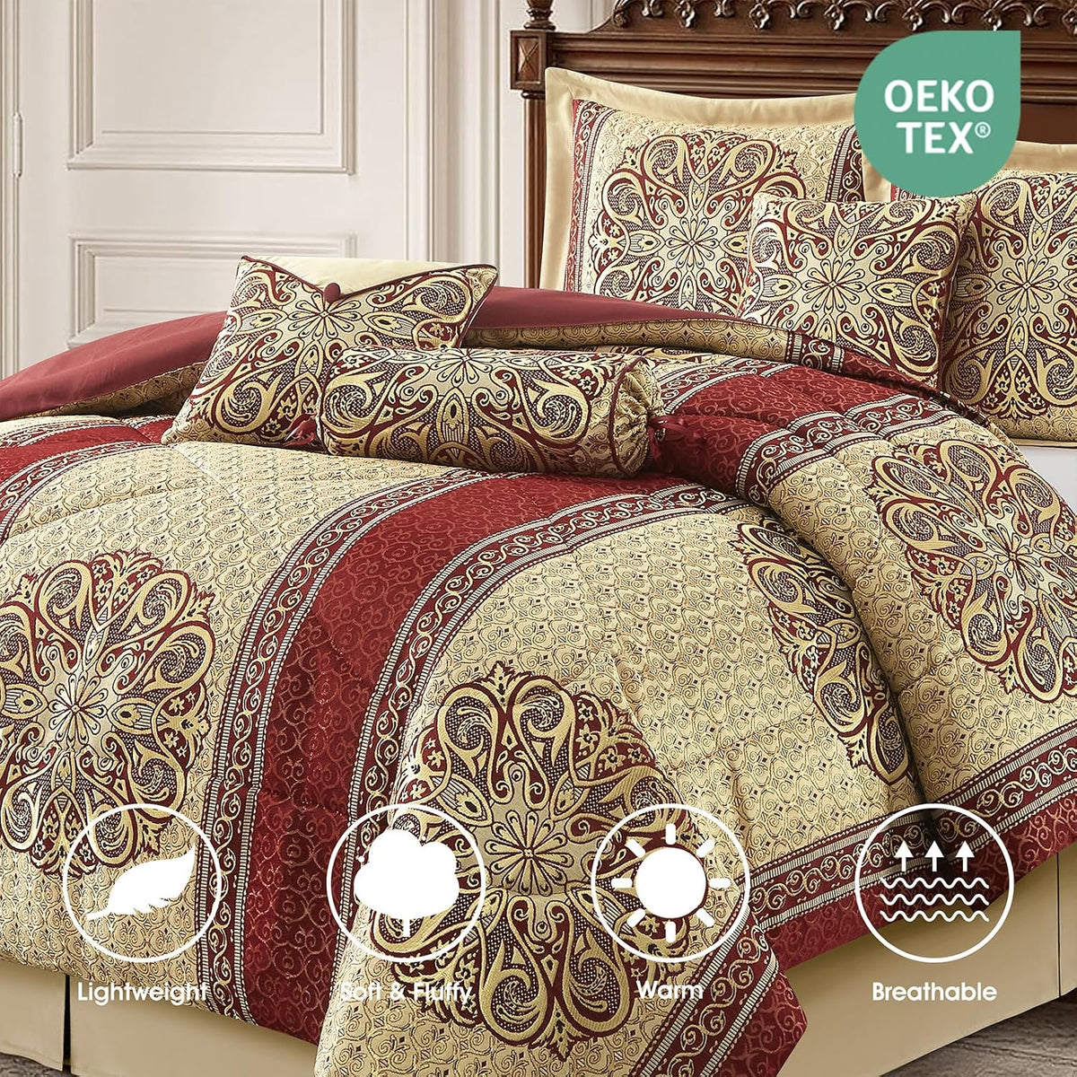 LANCO MODERN LIFESTYLE California King Comforter Set, Wine Gold Medallion Jacquard Design, Luxurious Bohemian 9 Pieces Bedding Set with Curtains, Decorative Pillows and Bed Skirt
