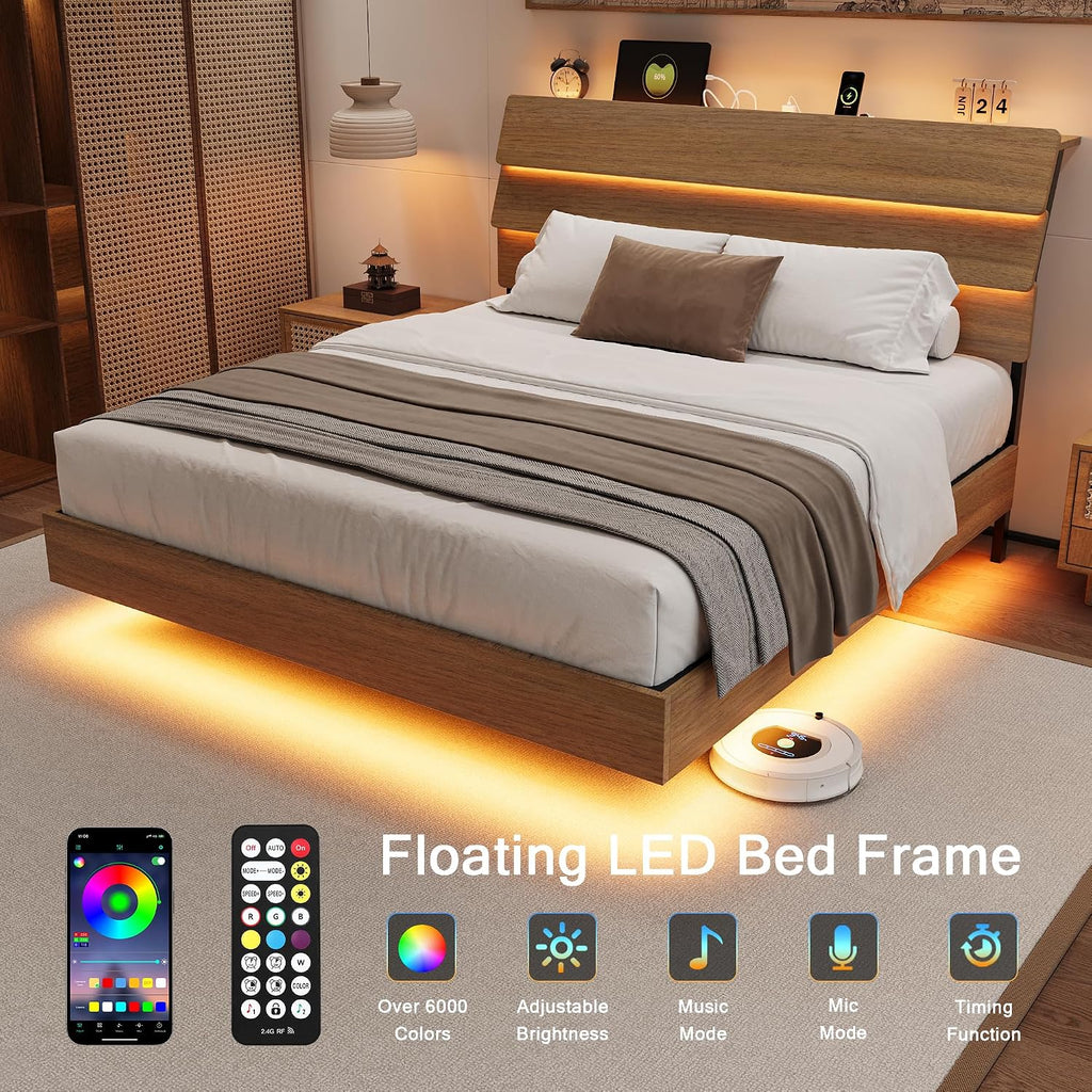 Einhomn Floating Bed Frame Full with Led Lights and Charging Station, Full Size Platform Bed Frame w/Storage Headboard, Heavy Slats Support, No Box Spring Needed, Noise Free, Easy Assembly, Walnut