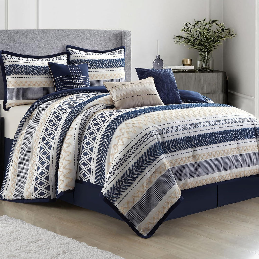 LANCO MODERN LIFESTYLE California King Comforter Set 7 Piece, Navy, Waffle Clipping and Sateen Jacquard Weave, Soft and Lightweight Bedding Set for All Seasons, Bedskirt, Shams and Decor Pillows