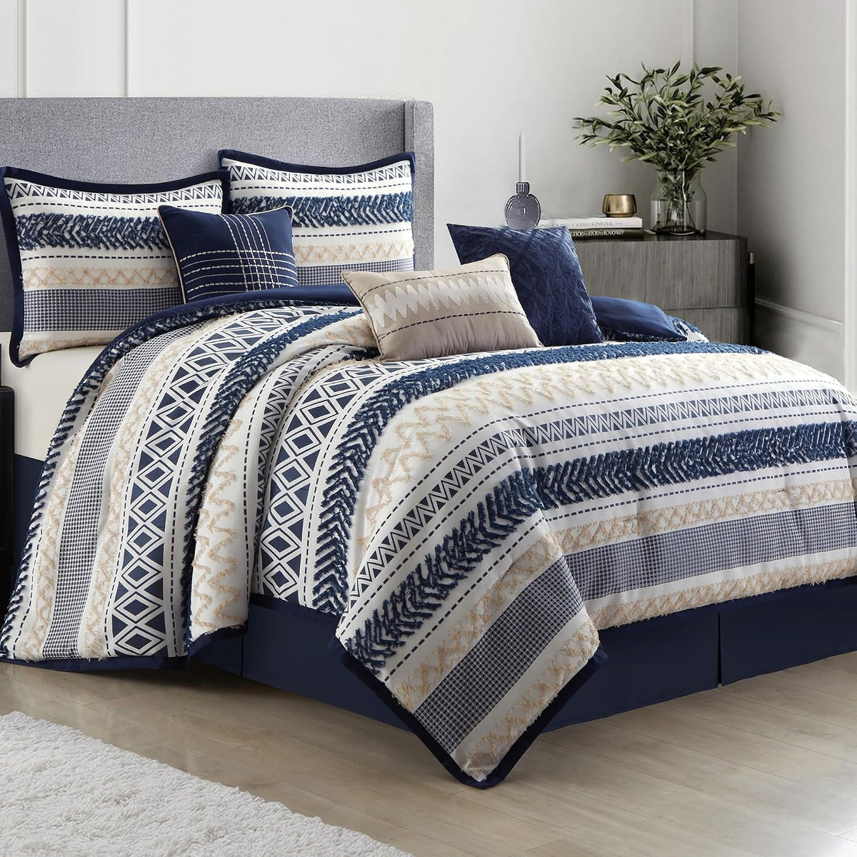 LANCO MODERN LIFESTYLE California King Comforter Set 7 Piece, Navy, Waffle Clipping and Sateen Jacquard Weave, Soft and Lightweight Bedding Set for All Seasons, Bedskirt, Shams and Decor Pillows