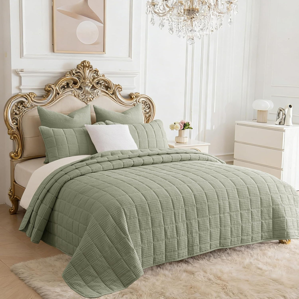 90x92 Queen Size Quilt Set with Pillow Shams Quilted Bedding Cover Ultra Soft Bedspread 3 Pieces Lightweight Soft Blanket for Home Decor,Green