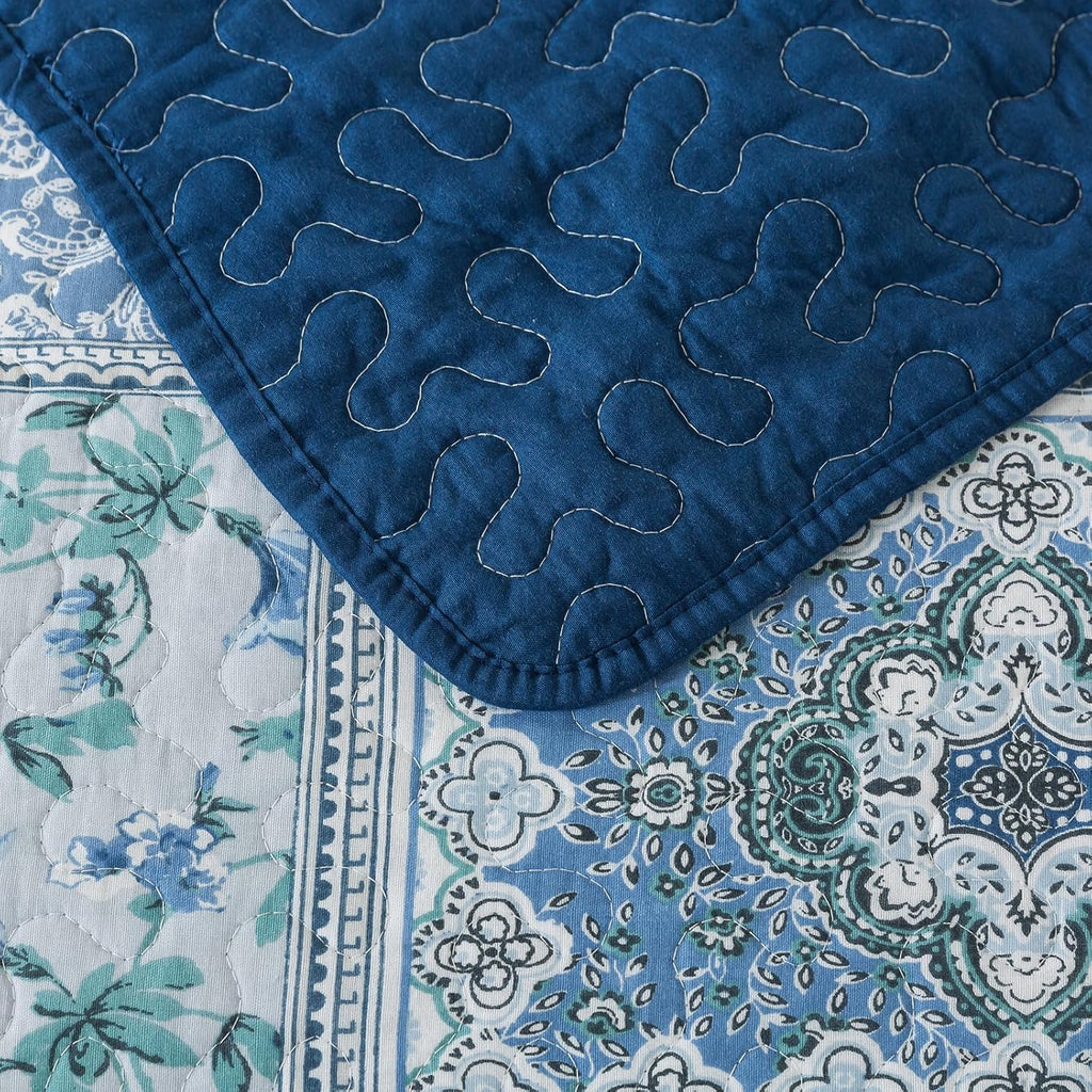 NEWLAKE Cotton Bedspread Quilt Sets-Reversible Patchwork Coverlet Set, Blue Classic Bohemian Pattern,California King Size