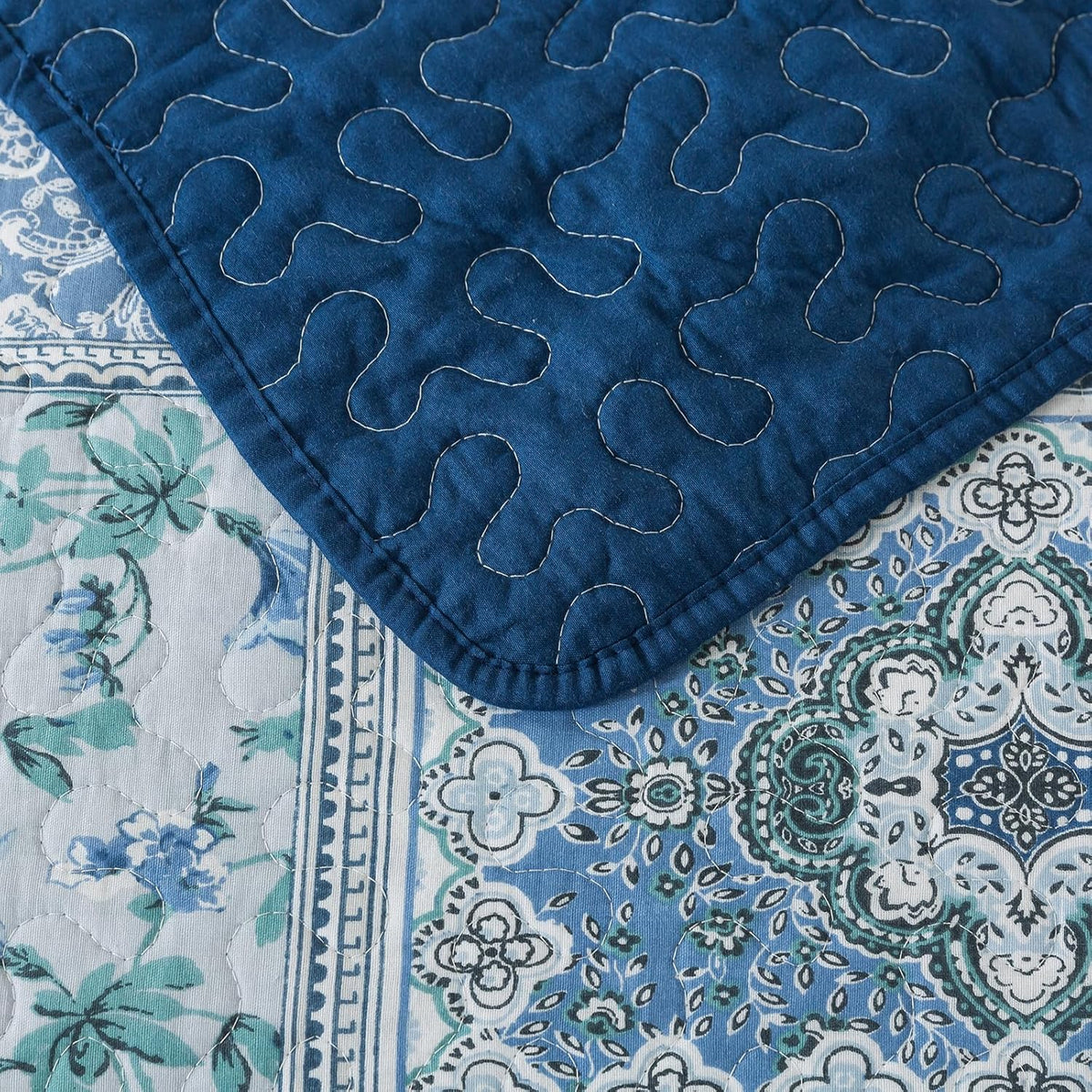 NEWLAKE Cotton Bedspread Quilt Sets-Reversible Patchwork Coverlet Set, Blue Classic Bohemian Pattern,California King Size