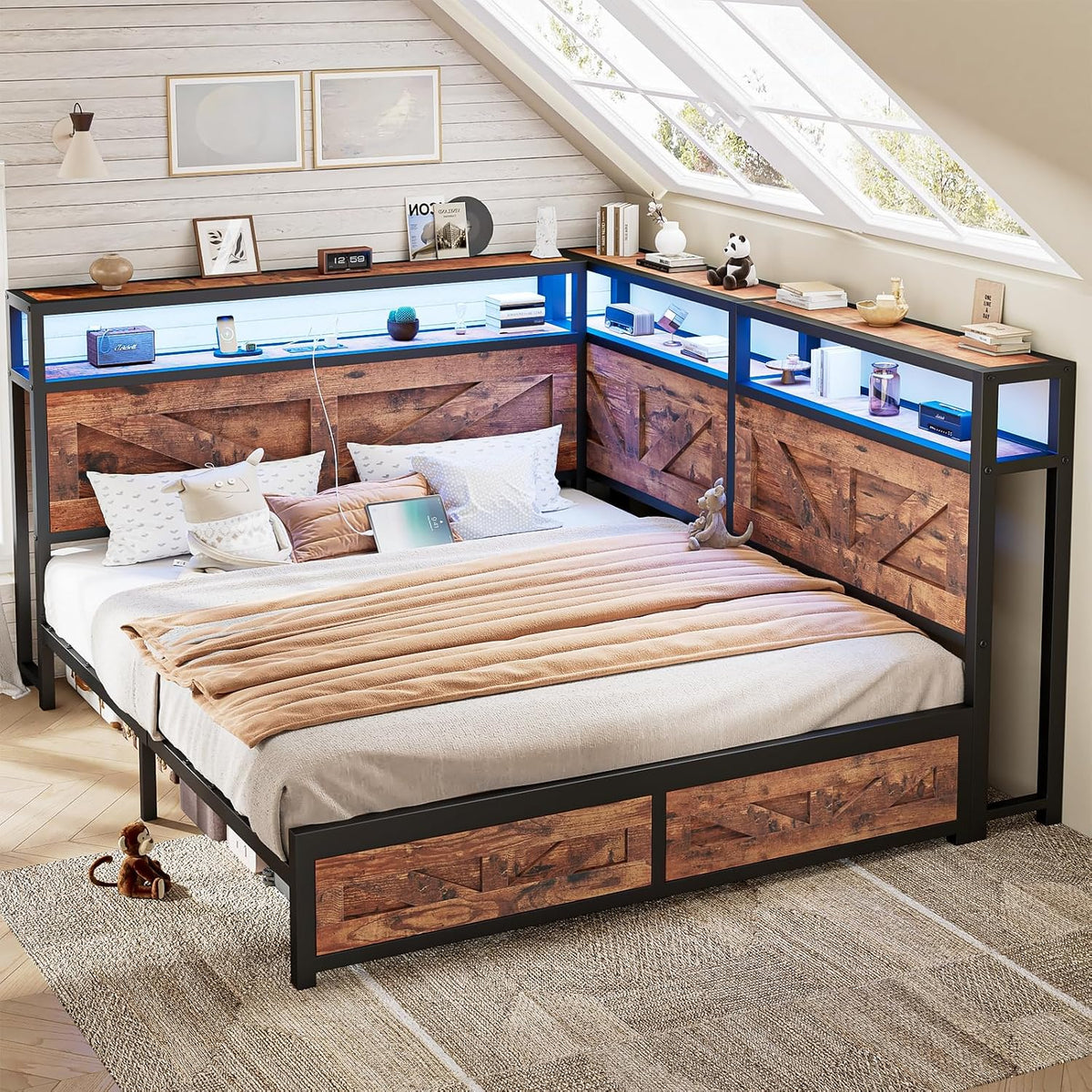 CIKUNASI Corner Full Size Bed Frame with Headboard and Storage Farmhouse Daybed Frame with LED Lights and Charging Station Metal Platform Bed Frame Full Size for Kids Corner Bed