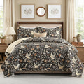 Uniclinens Botanical King Quilt Set, 100% Cotton Quilt Bedding Set Vintage Bird Pattern Bedspreads King Size, Chic Lightweight Quilted Comforter Coverlets, All Season, 3pcs, Dark Chocolate Brown/Beige