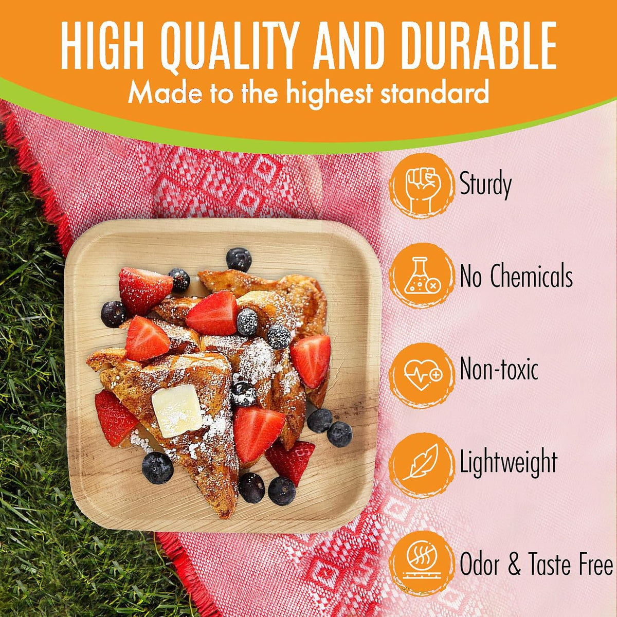 Raj Palm Leaf Plates [200-Pack] 7' Square Plates like Bamboo plates Disposable, Strong, Decorative Compostable Tableware for wedding, Lunch, Dinner, Birthday, Camping, Outdoor BBQ, Picnic