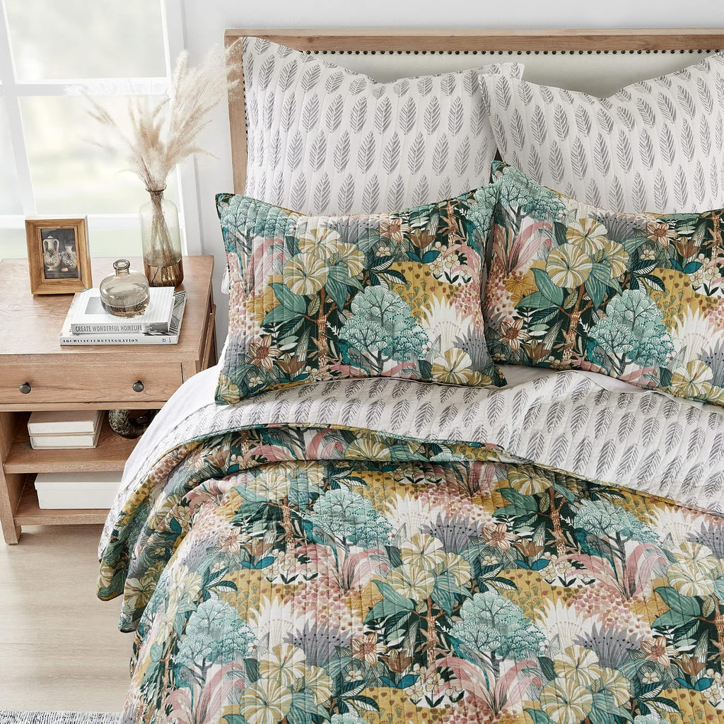 Levtex Home - Ashika Quilt Set - King Quilt and Two King Shams - Tropical - Green, Blush, Ochre, Grey and Cream - Quilt (106x92in.) and Shams (20x36in.) - Reversible - Cotton