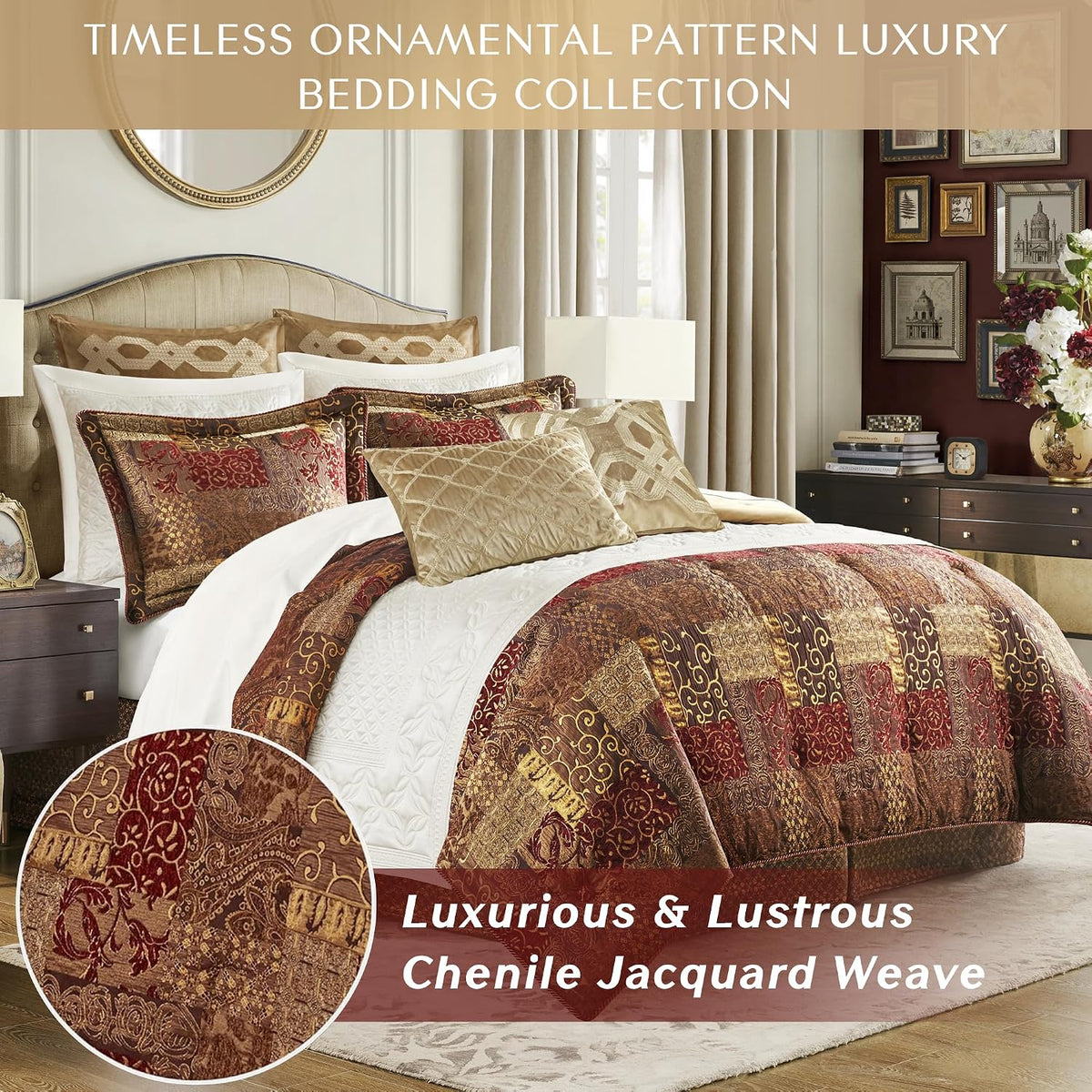 Croscill Classics King Comforter Set, Luxe Chenille Jacquard Patchwork, Microfiber Twill Comforter for a King-Size Bed, Oversized Comforter King Bedding, 2 Shams & Bedskirt, Galleria, King, Red