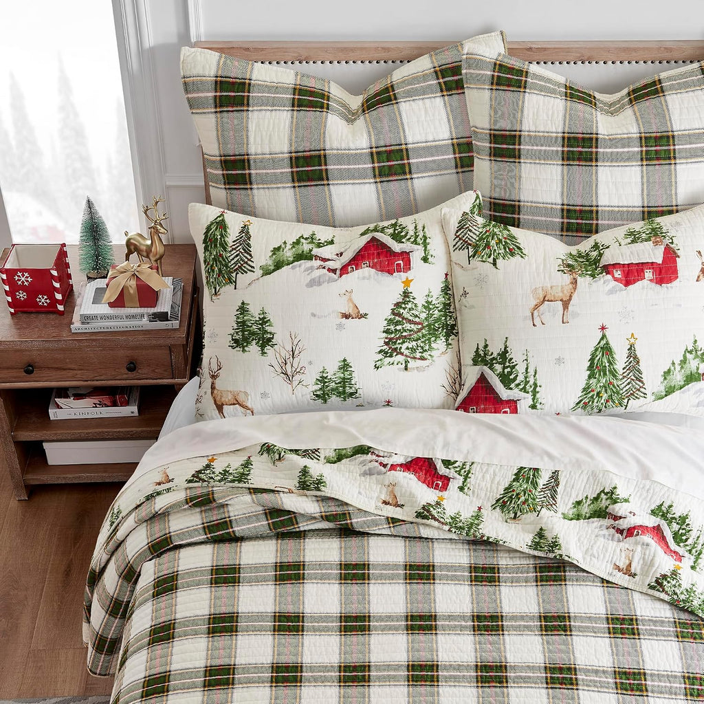 Levtex Home - Tatum Pines Quilt Set - Full/Queen Holiday Quilt 88x92 and Two Standard Shams 20x26 - Christmas Cabin - Red, Green, Brown and White - Reversible - Cotton
