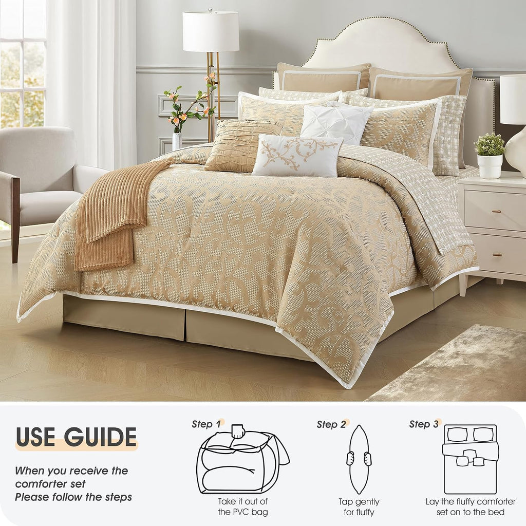LANCO MODERN LIFESTYLE Taupe Queen Comforter Set, Classic Jacquard Floral 14 Pieces Bedding Set, Ultra Soft for All Seasons, Sheets, Bedskirt, Throw, Matching Shams and Decor Pillows