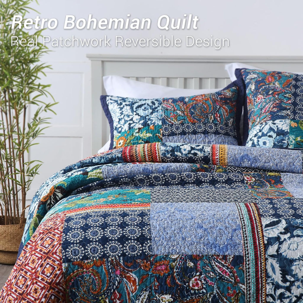 Yvooxny California King Quilt Set Reversible Lightweight Bohemian Paisley Patchwork Cotton Quilted Bedspread Coverlet Set 3-Piece Quilt Set with Pillowcases for All Seasons, 118 x 110 Inches